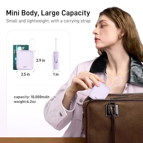 VINKO Small Power Bank with Built-in Cable,10000mAh Fast Charging Power Bank, 22.5W USB C Portable Charger, Mini Battery Pack for iPhone 16 15 14 13 Samsung Galaxy Google Android (Purple) — view 2