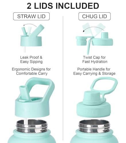 SUNWILL Metal Water Bottle 1l Stainless Steel, Insulated Leakproof Thermal Flask with Straw and 2 Lids for Cold and Hot Drink, Running, Sports, Gym, Travel, Gradiant Mint Sakura — view 2
