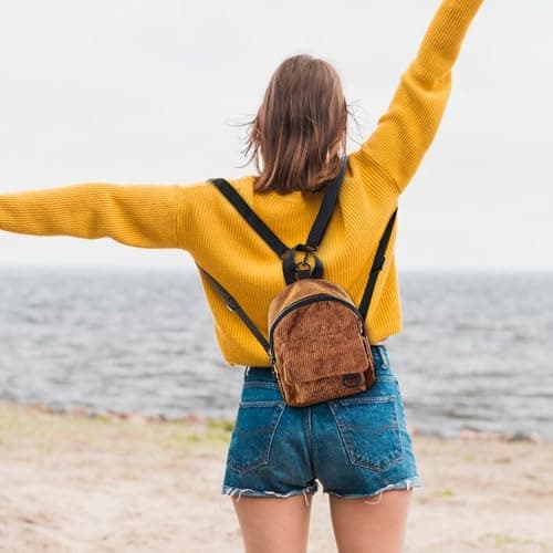 WisePoint Mini Backpack, Corduroy Casual Daypacks Rucksack Bag for Women, Portable Backpack Purse Small Backpack with Detachable Shoulder Straps for Shopping, Travel (brown) — view 5