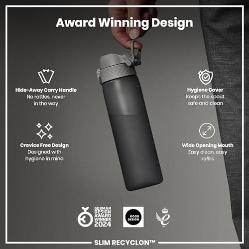 Ion8 Water Bottle, 500 ml/18 oz, Leak Proof, Easy to Open, Secure Lock, Dishwasher Safe, BPA Free, Hygienic Flip Cover, Carry Handle, Fits Cup Holders, Easy Clean, Carbon Neutral, Grey — view 6
