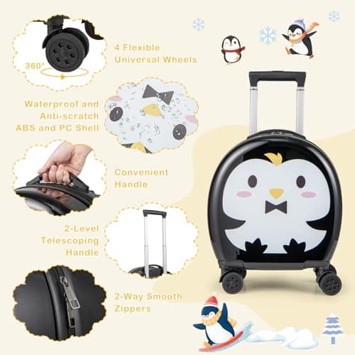 GYMAX 4Pcs Kids Luggage Set, 10” Backpack & 14” Children Hardshell Suitcase with Wheels, Neck Pillow & Name Tag, Toddler Carry On Luggage Set for Travel School (Black+White) — view 3