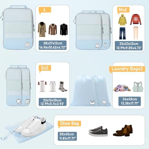 Compression Packing Cubes for Suitcases, Ultralight 8 Set Packing Cubes for Backpack Waterproof Luggage Packing Organizers Blue grey — view 5