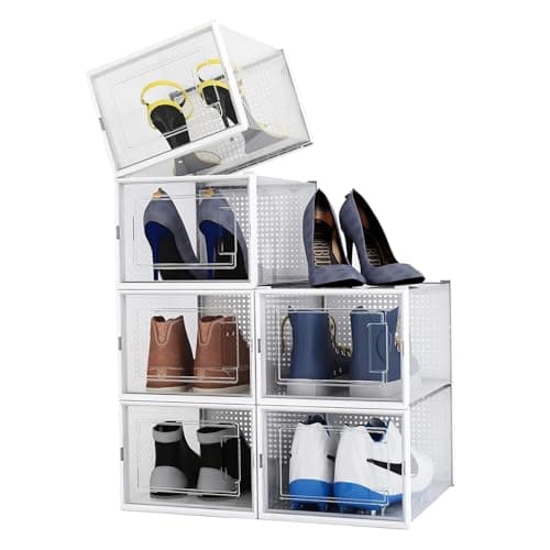 Alex Nash Stackable Shoe Storage Box - Clear Plastic Shoe Boxes with Lid - Foldable Shoe Organiser Containers for Men & Women Shoes, Boots, Trainers - Pack of 6: Medium