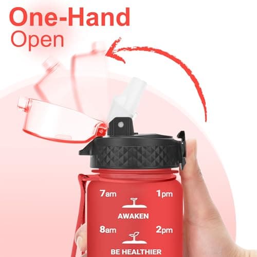 GOPPUS 500ml/17oz Kids Water Bottles with Straw Tritan Childrens Bottle with Flip Top Lid BPA Free Measured Drinks Bottle with Strap Sports Reusable Time Markings Leakproof (Solid Red) — view 2