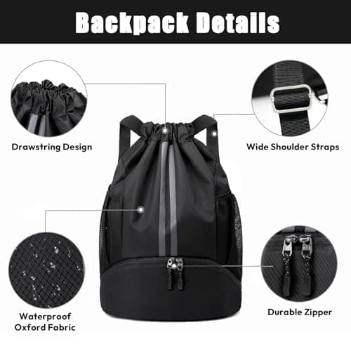 Sioloc Waterproof Drawstring Backpack for Gym & Swim – Lightweight Sports Bag with Shoe Compartment, Large Capacity, Wet/Dry Pockets (Men & Women) — view 6