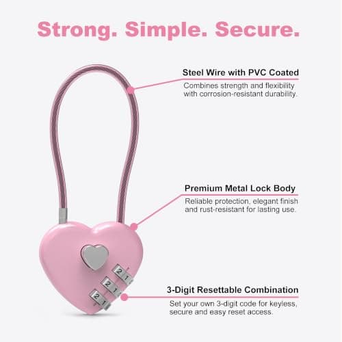 UP Security Small Combination Padlock Locker Lock Cable Lock with Code Pink Combination Lock for Luggage Suitcase Gym Locker Backpack Cabinet Box Fence Fence Security — view 4
