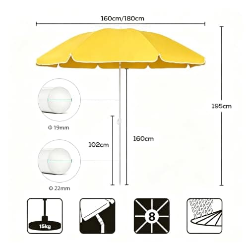 Sekey 1.6m Beach Parasol with Carry Bag, UPF 50+ Portable Garden Umbrella, Height Adjustable & Tilt Function for Balcony, Patio, Yellow — view 5