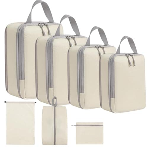7PCS Compression Packing Cubes Set, Travel Luggage Organiser Bags for Suitcases & Backpacks, Space-Saving Packing Organisers for Trips (Beige)