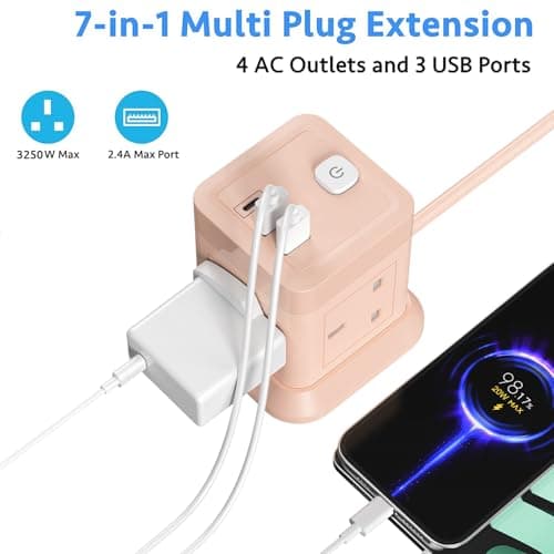 Cube Extension Lead with USB Slots, BEVA 4 Way Multi Plug Power Strip with 3 USB Ports, 3M Desktop Power Extension Socket Extension Cords for Home Dorm Office Travel-Pink — view 2