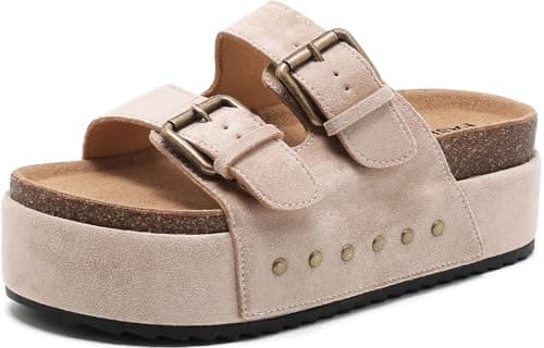 Women's Platform Sandals Cork Footbed Adjustable Double Buckle Slides