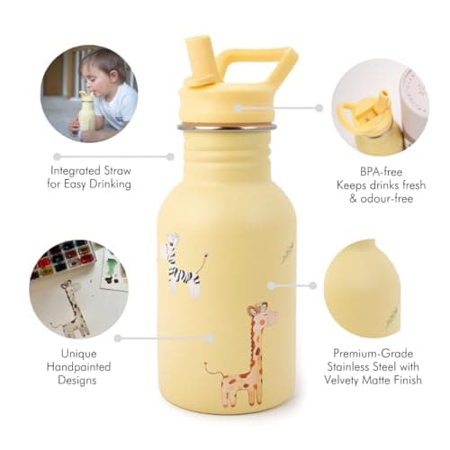 J.Børn Personalised Bottle With Straw For Kids 350ML | Hand-Painted Designs | Single-Skinned, Food-Grade Stainless Steel Bottle | Light Weight Water Bottle | Leak-Proof Bottle (Safari) — view 5