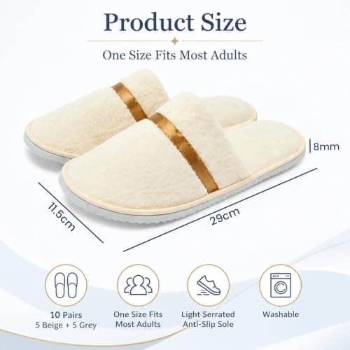 Iyxeo 10 Pairs Golden Trim Hotel Slippers, 5 Beige & 5 Grey Disposable Guest Slippers for Spa, Wedding, Travel, Universal Size — view 3