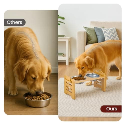 BREEZENEST Raised Dog Bowl 6-Level Adjustable Height, Bamboo Elevated Dog Bowls with Stand 15° Tilt, 2 Stainless Steel Pet Bowl, Anti-Slip Foldable Dog Feeding Station for Small Medium Dogs & Cats — view 5