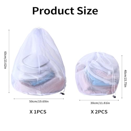 3 Pcs Drawstring Mesh Laundry Bags for Washing Machine Bags for Laundry Delicates Wash Bagss, Reusable Net Washing Bag for Delicates Clothes Socks Bra Underwear, 2 Small(30x40cm), 1 Large(50x60cm) — view 2