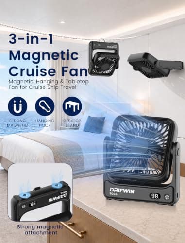 Magnetic Travel Fan, 5000mAh Ultra-Slim Cruise Approved Fan Rechargeable, 4-Speed, Hook Design, Portable Fan for Cruise Ship Cabin, Bedroom Sleeping, Camping, Travel & Cruise Essentials 2026 — view 2