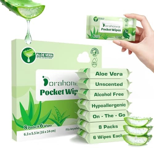 Dorahoney Travel Wet Wipes Mini with Aloe Vera, Sensitive Pocket Size Wipes, 99% Water, Unscented, Hypoallergenic for Adults, Kids and Baby Care, Small Pack Hand & Face Wipes, 8 Pack (48 Wipes Total)