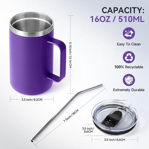 Volhoply 470ml (16oz) Insulated Coffee Mug with Lid and Straw, Stainless Steel Travel Mugs with Handle, Double Wall Vacuum Leak Proof Coffee Tumbler Cup (Purple,1) — view 3
