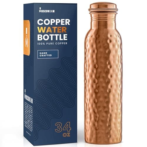 100% Copper Water Bottle - 34 oz Extra Large - Hammered Finish Pure Copper Water Bottle for Drinking - Handcrafted Ayurvedic Leak-Proof Vessel for Healthy Hydration - Premium Ocean Blue Gift Box