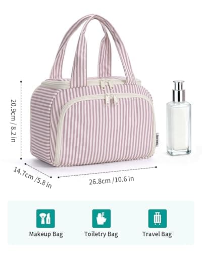 Narwey Large Toiletry Bag for Women, Travel Wash Bag Women for Full Size Toiletries, Wide Open Toiletries Bag Makeup Cosmetic Organizer Bag for Essentials Accessories (Dusty Rose Stripe) — view 5