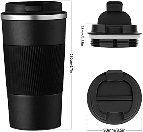 Coffee Cup, Vacuum Reusable Leakproof Double Wall Coffee Cup, Insulation Stainless Steel Eco-Friendly Travel Office Mug for Hot Coffee Tea and Cold Drinks, 17oz/510ml, Black — view 4