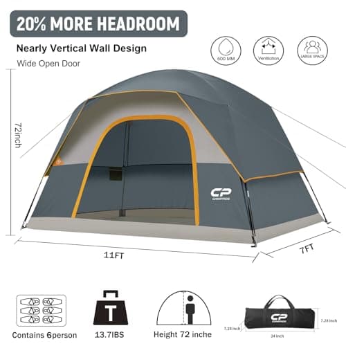 CAMPROS CP Large Family Tent for 6 People, Spacious Waterproof Camping Tent with 182 cm Standing Height, Easy Setup Dome Tent with Separate Living Space & Mesh Ventilation for Family Camping Holidays — view 2
