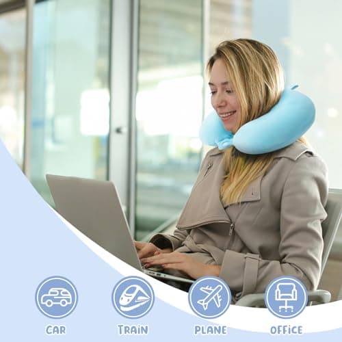 WENGX Travel Pillow Neck Pillow Memory Foam Travel Pillows Head Support Cushion for Airplane Train Car Office Travel Essential Flight Pillows for a Long Hauls Sleeping Rest (Pale Blue) — view 3