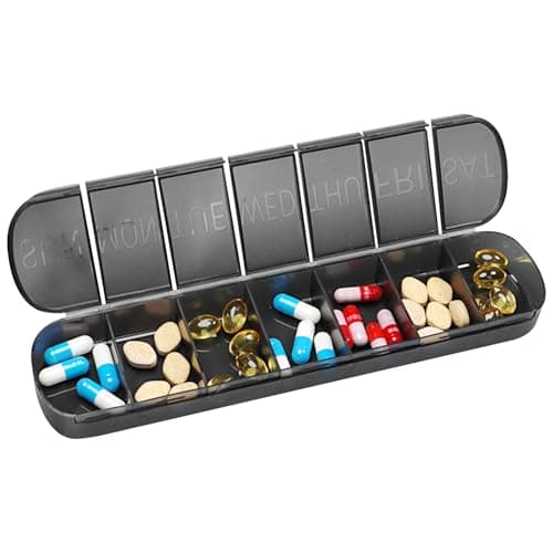 7 Day Pill Box Organiser, 1 Time a Day Weekly Pill Holder, Easy Open Daily Tablet Case with Raised Day Markings, Light-Blocking Design for Medication, Vitamins & Supplements, Travel & Home Use
