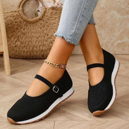 Women's Vintage Perforated Mary Jane Sneakers Chic Buckle Loafers Breathable Walking Shoes for Travel and Weekend Trips Black — view 4
