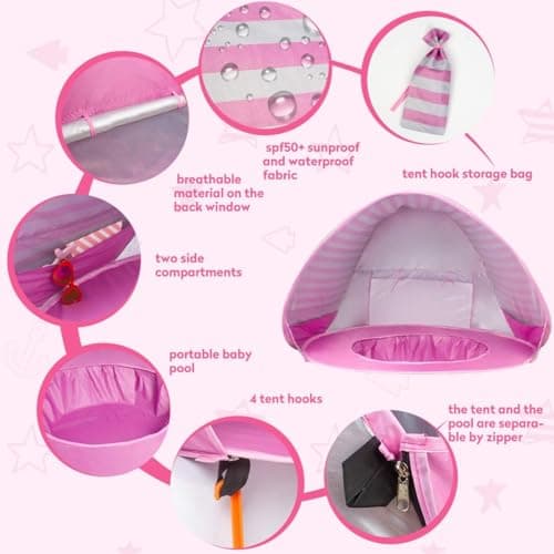 Pop Up Baby Beach Tent,Automatic Baby Sun Shade Shelter Tent with Baby Pool Portable Lightweight UV Protection Beach Tent for Baby Family Picnic Garden (Pink) — view 4