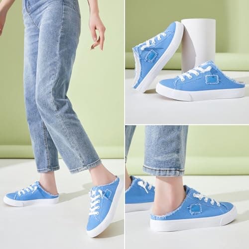 BENPAO Women's Mules Slip on Sneakers White Canvas Shoes Loafers, Denim Blue, 5 UK — view 2