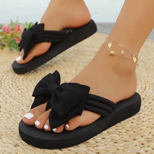 Flower Flip Flops Women Beach Slippers Size 8 Boho Open Toe Slip on Flat Sandals Summer Comfortable Yoga Mat Thong Sandals for Pool, Travel Vacation Slippers Bow Black Footwear Gift — view 2