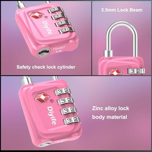 TSA Luggage Locks, [Updated Version] [2 Packs] Diyife 4-Digit Security Padlock, Resettable Zinc Alloy Combination Padlocks, Small Code Lock for Travel Suitcases Luggage Bag Case (Pink) — view 5