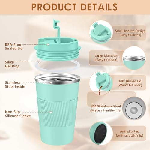 KETIEE Travel Mug Insulated Coffee Cup 380ml with Leakproof Lid, Reusable Coffee Cups Travel, Double Walled Coffee Travel Mug, Stainless Steel Thermal Coffee Mug for Hot Cold Drinks, Mint Green — view 2