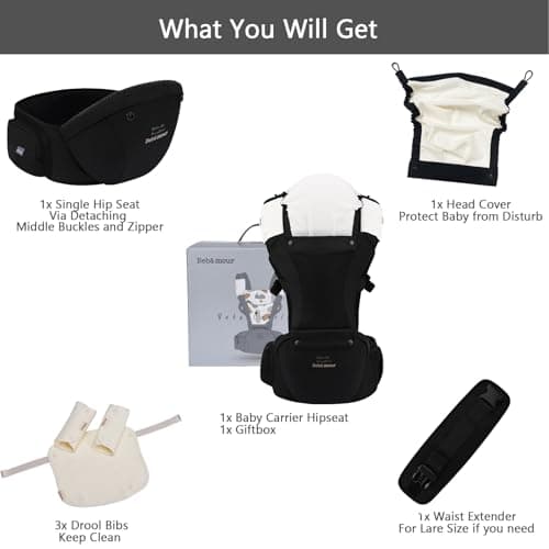 Bebamour Baby Carrier with Hip Seat, Newborn to Toddler 0–36 Months, Ergonomic Infant Carrier with Adjustable Waist Belt, Head Hood, Teething Pads & Waist Extender, Black — view 3
