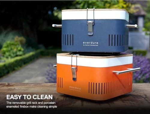 Everdure by Heston Blumenthal Cube Portable Charcoal BBQ Grill – Compact Travel Barbecue with Bamboo Tray, Chrome Rack, Porcelain Enamel Firebox & Cool Touch Handles – Outdoor Camping BBQ in Orange — view 4