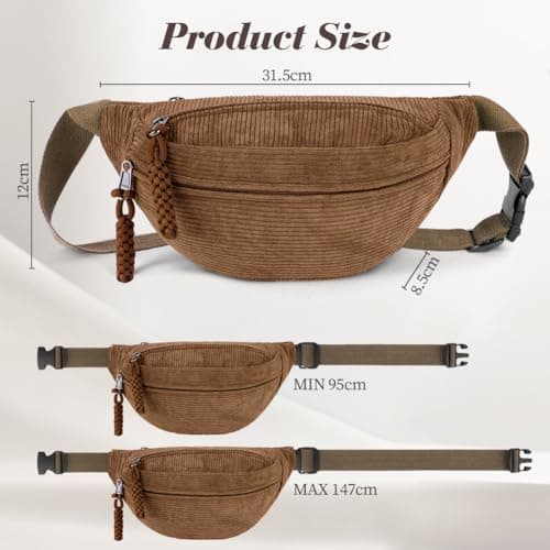 Aucuu Corduroy Waist Bag, Corduroy Bumbag, Women's Shoulder Bag, Belt Bags, Fashion Sports Chest Bags with Adjustable Shoulder Straps, Waist Pack for Daily Use, Outdoor Sports, Hiking, Travel（Brown） — view 2