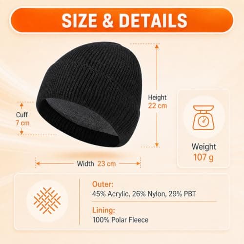 WHJYCC Black Beanie Hat for Men & Women, Fleece Lined Winter Knit, One Size — view 3