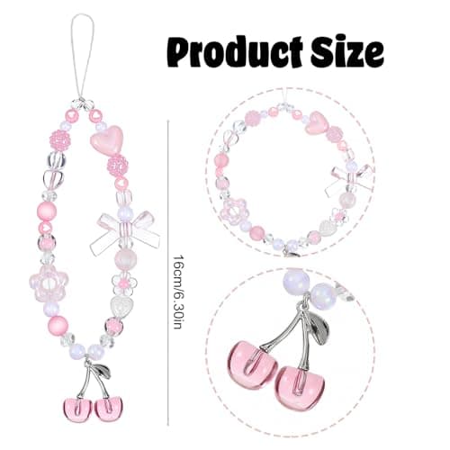 Ouligay Cherry Phone Charm Strap Cute Camera Charm Strap Beaded Camera Strap Wrist Pink Phone Chain for Bag Case Bags Pendants Decor Chains Valentine's Day Gifts for Woman Girls — view 2