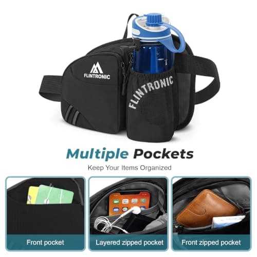 Flintronic Waist Bag, Waist Fanny Pcak with Boottle Holder and Adjustable Strap, Light and Waterproof, Bum Bag for Sports Travel Dog Walking Hiking,Black — view 4