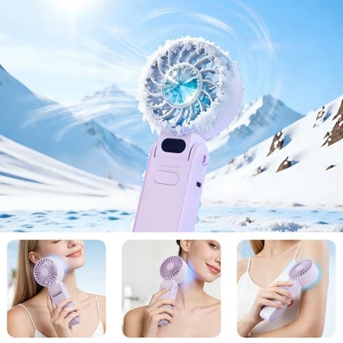 Handheld Fan with Ice Cooler, Portable Mini Fan Rechargeable Battery Operated, 5 Gear Turbo Fan Led Display, Up to 15H Cooling, Foldable Personal Hand Fans for Travel/Commuting/Office/Home (Purple) — view 2