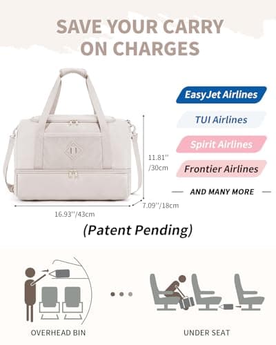 WANDF EasyJet Cabin Bag 45x36x20 - Underseat Travel Duffel with Shoe Compartment, USB Charging Port & Wet Pocket, Carry On Luggage for Overnight Weekend Gym for Women Men (Beige) — view 2