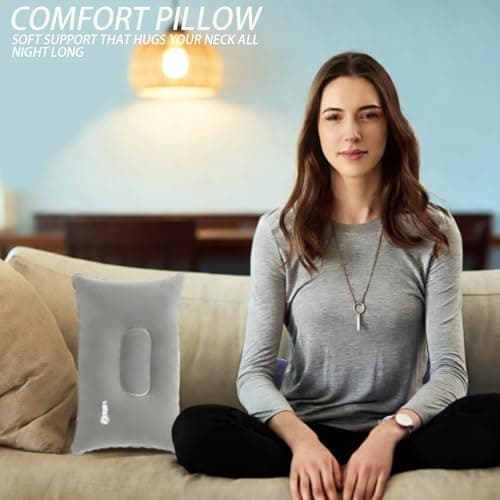 2-in-1 Inflatable Travel Pillow (32x22cm) - Soft Flocked Neck & Lumbar Support Pillow, Ideal for Sunbathing Hiking, Portable Travel Cushion (Blue&Gray) — view 4