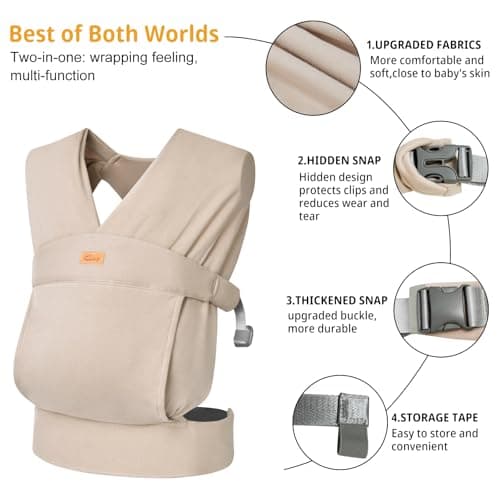 CUBY Half Buckle Baby Wrap Carrier for Newborn, Ergonomic Butterfly Back Shape Baby Sling Carrier, Kangaroo Front & Backpack with Head Cover, for Toddler & Newborn, Up to 35LBS, Apricot — view 6