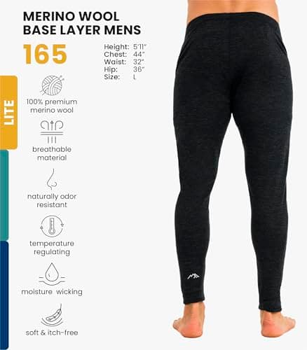 100% Merino Wool Base Layer Men Leggings Pants - Thermal Underwear + Socks (Large, 165 Charcoal Grey) — view 2