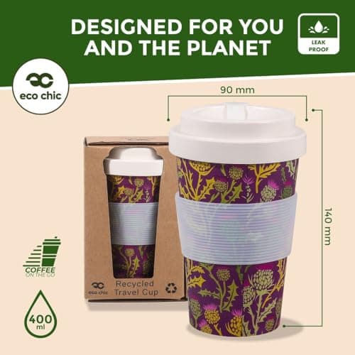 ECO CHIC Recycled Travel Coffee Cup 400ml Microwave Dishwasher Safe Plastic Travel Mug (Thistle Purple) — view 3