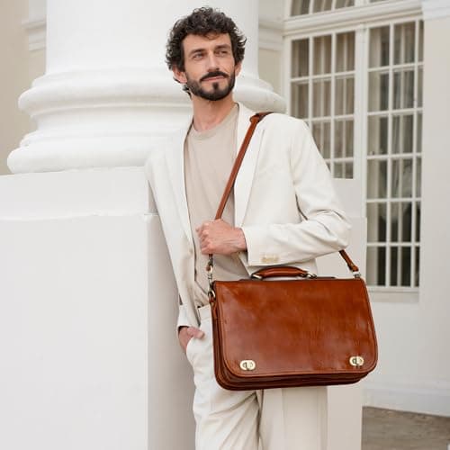 Time Resistance Leather Briefcase Hand-Crafted Shoulder Messenger Bag for Laptop up to 15 Inch Light Brown — view 2