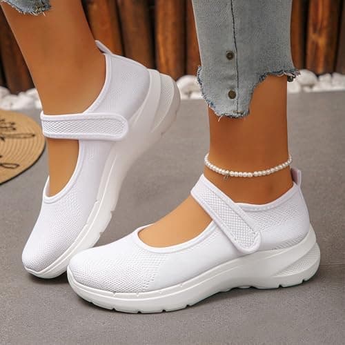 Mary Jane Sneakers for Women Wide Fit Orthopedic Trainers Walking Breathable Adjustable Strap Anti Slip Summer Casual Ladies Outdoor Sport Shoes (White 5.5 UK/Foot Length 24.5cm) — view 3