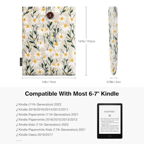 MoKo 6-7 Inch Embroidered Daisy Padded Sleeve Pouch for Kindle Paperwhite 12th Gen 2024, 2022-2016, Oasis, Voyage, Kobo eReader - Beige — view 2