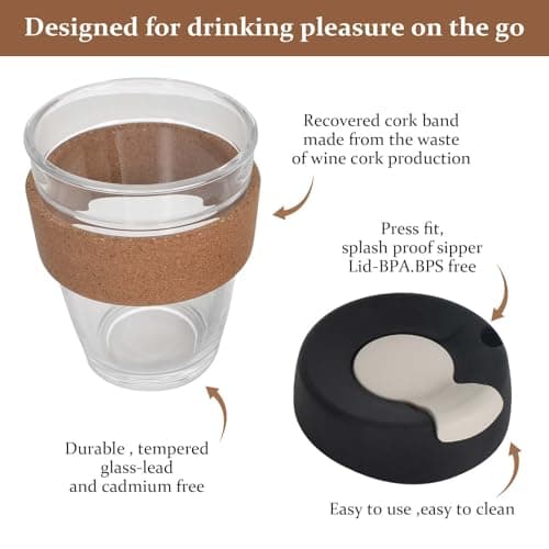 Zimoer 340ML Reusable Tempered Glass Coffee Cup with Lid, Heat Resistant Travel Coffee Mug with Cork Sleeve, Glass Mug with Leakproof Lid, for Unisex Eco-Friendly Travel Home Office — view 4