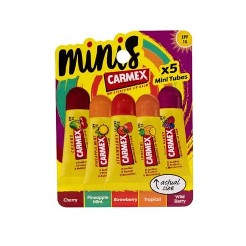 Carmex Mini Scented Lip Balm Tubes – Pack of 5 | In Cherry, Strawberry, Pineapple Mint, Wild Berry & Tropical Flavours | SPF 15 Sun Protection | Long-Lasting Hydration for Smooth, Supple Lips